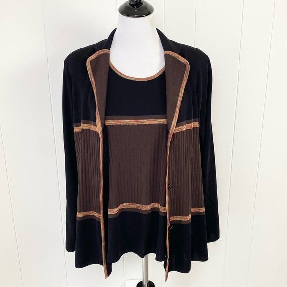 Exclusively Misook Button Cardigan & Top Set Black Brown Size XL Color block * - Picture 1 of 15